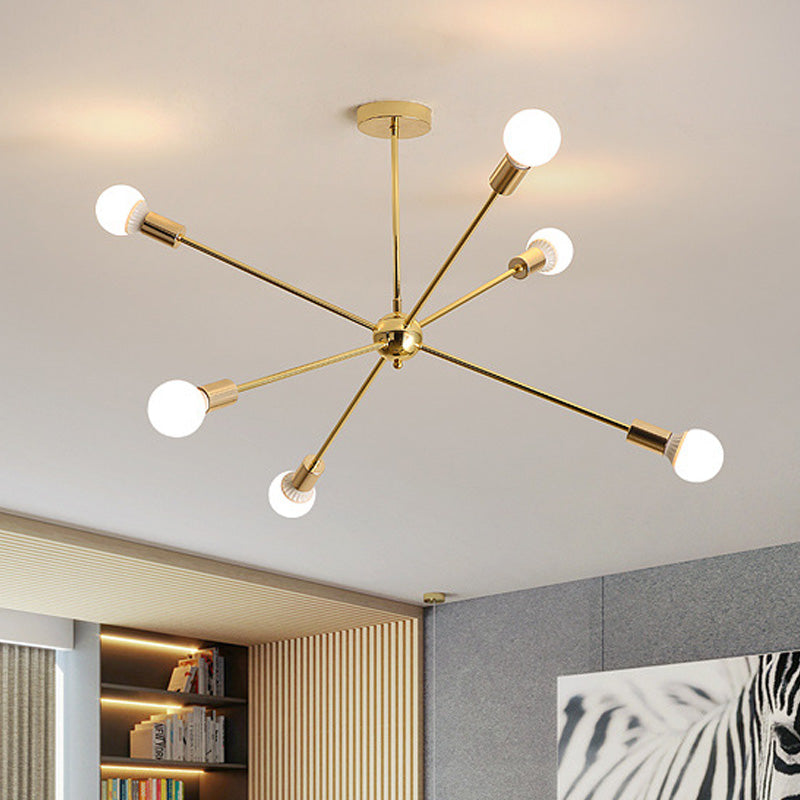 26"/38.5" Wide Metal Starburst Chandelier Light Modernist 6/10/12 Lights Gold Hanging Ceiling Lamp with Bare Bulb 6 Gold 38.5" Clearhalo 'Ceiling Lights' 'Chandeliers' 'Modern Chandeliers' 'Modern' Lighting' 153855