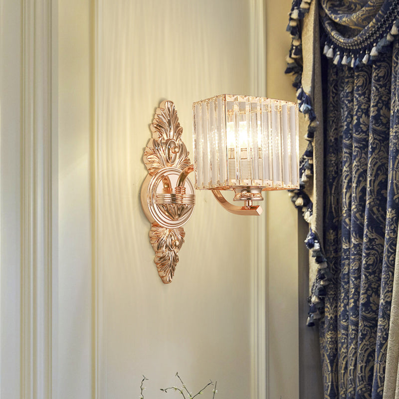 1 Light Square Wall Mount Light Contemporary Clear Crystal and Metal Wall Sconce with Carved Backplate in Rose Gold Clearhalo 'Modern wall lights' 'Modern' 'Wall Lamps & Sconces' 'Wall Lights' Lighting' 153867