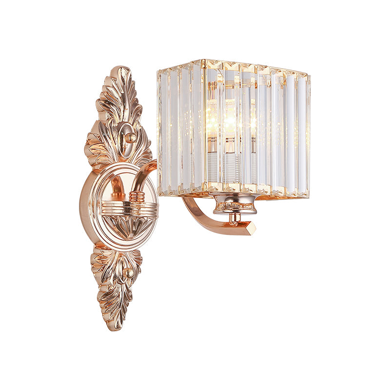 1 Light Square Wall Mount Light Contemporary Clear Crystal and Metal Wall Sconce with Carved Backplate in Rose Gold Clearhalo 'Modern wall lights' 'Modern' 'Wall Lamps & Sconces' 'Wall Lights' Lighting' 153868