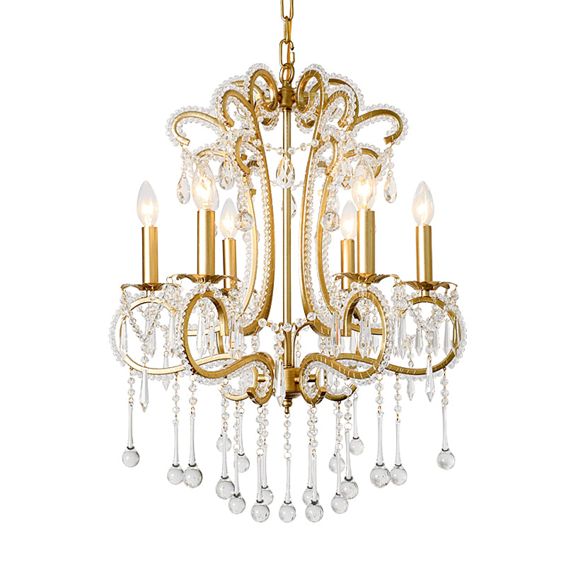 Gold Finish Candle Ceiling Pendant Light Vintage Style Crystal and Metal 6 Lights Suspension Light for Bedroom Clearhalo 'Ceiling Lights' 'Chandeliers' 'Modern Chandeliers' 'Modern' Lighting' 153873