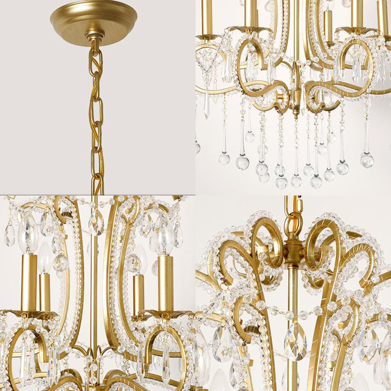 Gold Finish Candle Ceiling Pendant Light Vintage Style Crystal and Metal 6 Lights Suspension Light for Bedroom Clearhalo 'Ceiling Lights' 'Chandeliers' 'Modern Chandeliers' 'Modern' Lighting' 153875