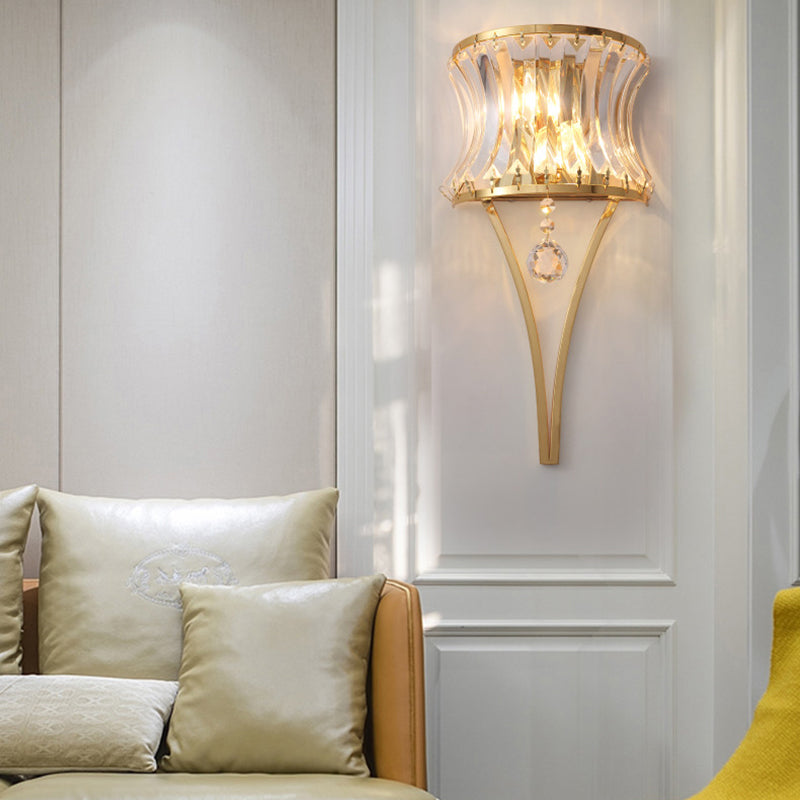 Curved Drum Metal Wall Light Vintage Style Golden 2 Lights Sconce Lamp with Clear Crystal Prism Gold Clearhalo 'Modern wall lights' 'Modern' 'Wall Lamps & Sconces' 'Wall Lights' Lighting' 153885