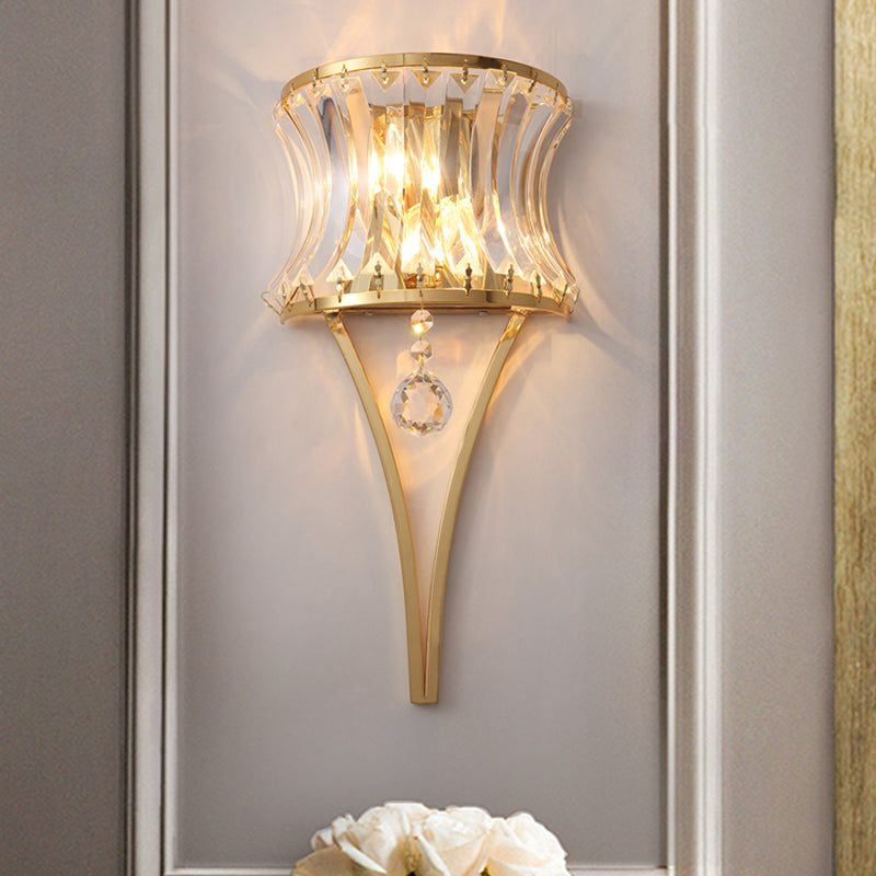 Curved Drum Metal Wall Light Vintage Style Golden 2 Lights Sconce Lamp with Clear Crystal Prism Clearhalo 'Modern wall lights' 'Modern' 'Wall Lamps & Sconces' 'Wall Lights' Lighting' 153886