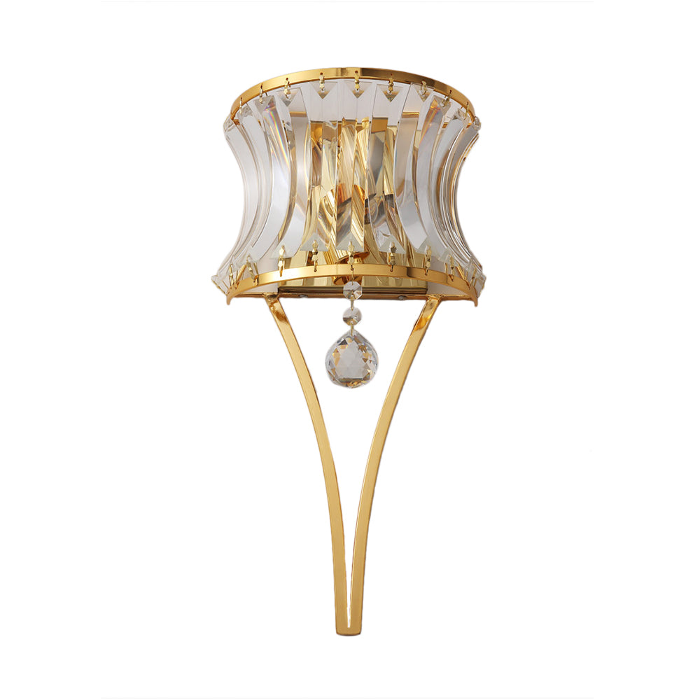 Curved Drum Metal Wall Light Vintage Style Golden 2 Lights Sconce Lamp with Clear Crystal Prism Clearhalo 'Modern wall lights' 'Modern' 'Wall Lamps & Sconces' 'Wall Lights' Lighting' 153887