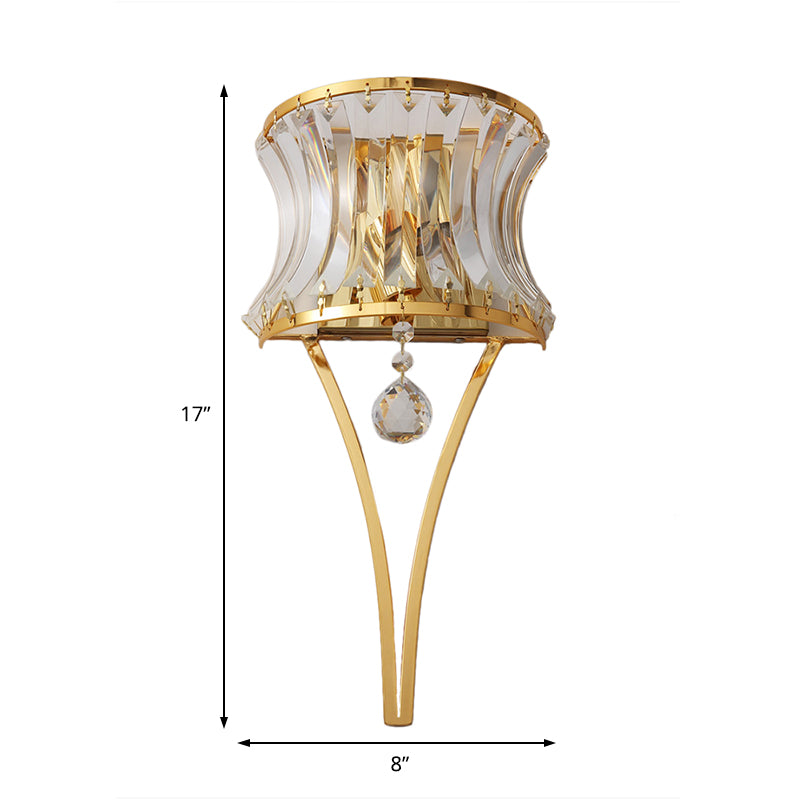 Curved Drum Metal Wall Light Vintage Style Golden 2 Lights Sconce Lamp with Clear Crystal Prism Clearhalo 'Modern wall lights' 'Modern' 'Wall Lamps & Sconces' 'Wall Lights' Lighting' 153888