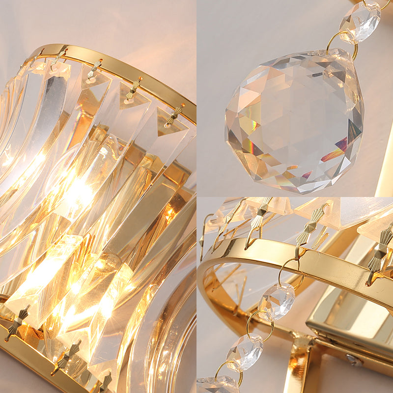 Curved Drum Metal Wall Light Vintage Style Golden 2 Lights Sconce Lamp with Clear Crystal Prism Clearhalo 'Modern wall lights' 'Modern' 'Wall Lamps & Sconces' 'Wall Lights' Lighting' 153889