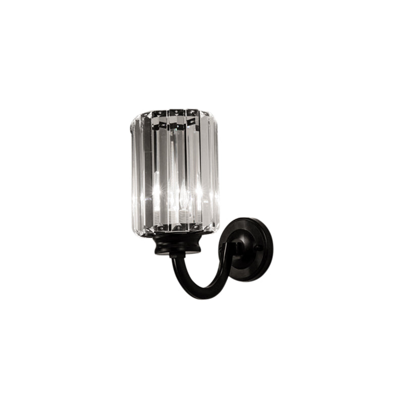 Clear Crystal Drum Wall Lamp Modernist 1 Light Sconce Light Fixture with Metal Curved Arm in Black Clearhalo 'Modern wall lights' 'Modern' 'Wall Lamps & Sconces' 'Wall Lights' Lighting' 153892