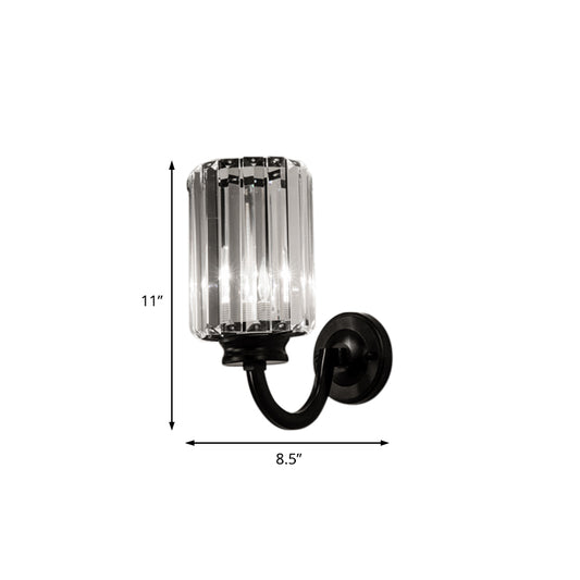 Clear Crystal Drum Wall Lamp Modernist 1 Light Sconce Light Fixture with Metal Curved Arm in Black Clearhalo 'Modern wall lights' 'Modern' 'Wall Lamps & Sconces' 'Wall Lights' Lighting' 153893