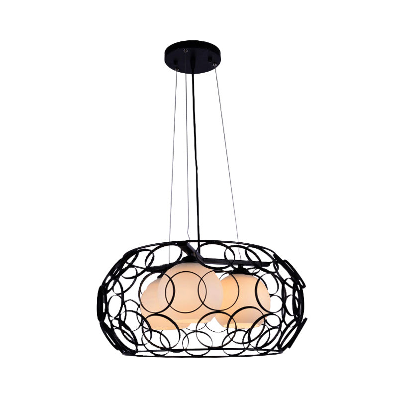 Ball White Glass Chandelier Lighting Contemporary 3 Lights White/Black Hanging Ceiling Lamp with Cage Design Clearhalo 'Ceiling Lights' 'Chandeliers' 'Glass shade' 'Glass' 'Modern Chandeliers' 'Modern' Lighting' 153942