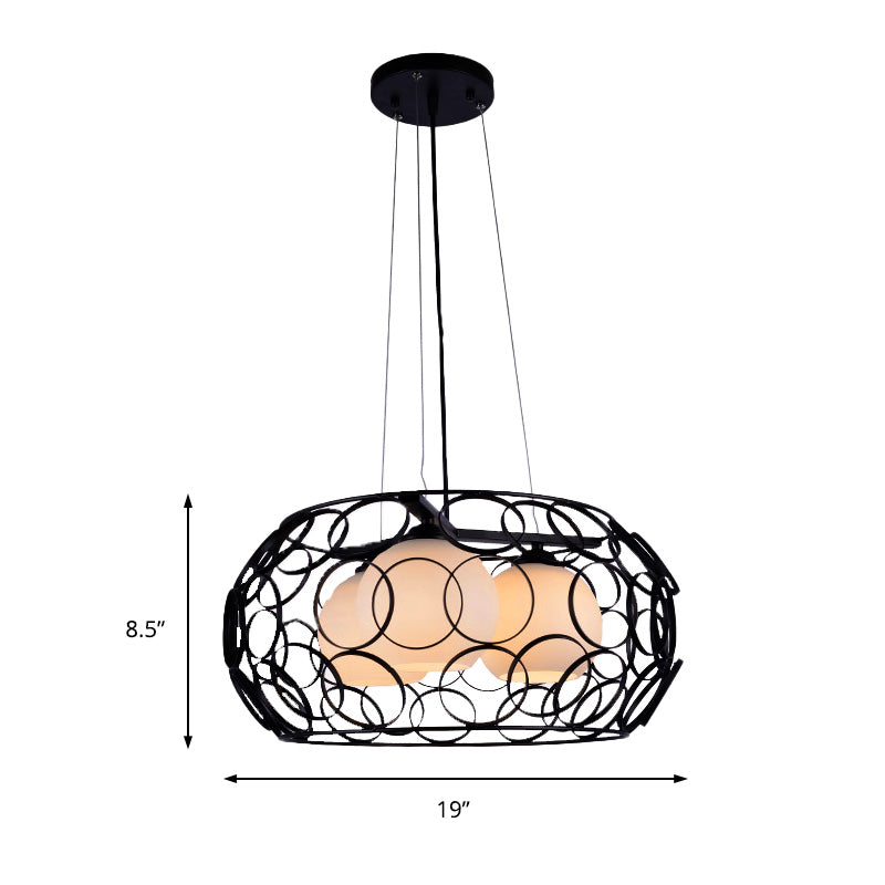 Ball White Glass Chandelier Lighting Contemporary 3 Lights White/Black Hanging Ceiling Lamp with Cage Design Clearhalo 'Ceiling Lights' 'Chandeliers' 'Glass shade' 'Glass' 'Modern Chandeliers' 'Modern' Lighting' 153943