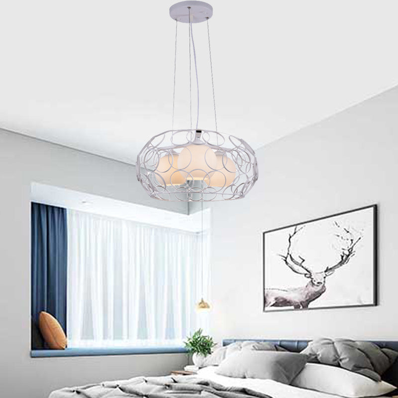 Ball White Glass Chandelier Lighting Contemporary 3 Lights White/Black Hanging Ceiling Lamp with Cage Design White Clearhalo 'Ceiling Lights' 'Chandeliers' 'Glass shade' 'Glass' 'Modern Chandeliers' 'Modern' Lighting' 153944