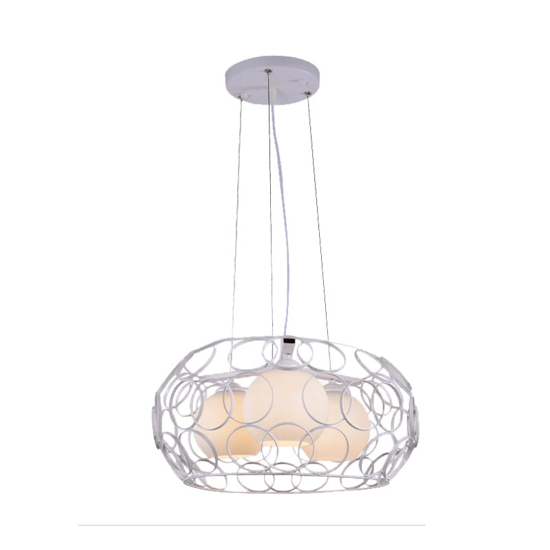 Ball White Glass Chandelier Lighting Contemporary 3 Lights White/Black Hanging Ceiling Lamp with Cage Design Clearhalo 'Ceiling Lights' 'Chandeliers' 'Glass shade' 'Glass' 'Modern Chandeliers' 'Modern' Lighting' 153946