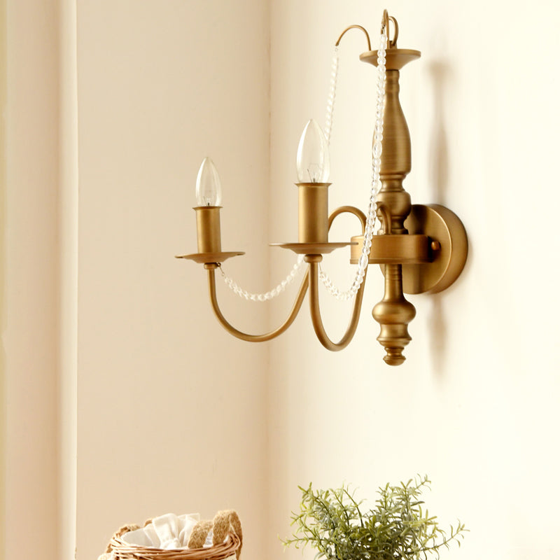 Bell/Candle Brass Finish Wall Light Fixture Vintage Style Metal 2 Bulbs Sconce Light with Crystal Bead Brass Candle Clearhalo 'Modern wall lights' 'Modern' 'Wall Lamps & Sconces' 'Wall Lights' Lighting' 153959