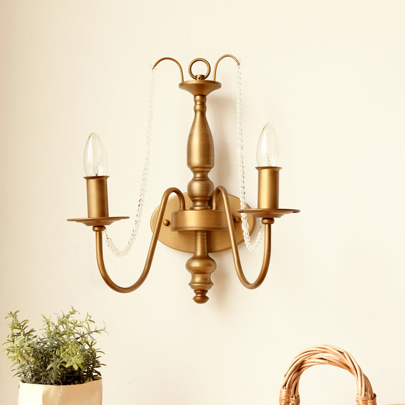 Bell/Candle Brass Finish Wall Light Fixture Vintage Style Metal 2 Bulbs Sconce Light with Crystal Bead Clearhalo 'Modern wall lights' 'Modern' 'Wall Lamps & Sconces' 'Wall Lights' Lighting' 153960