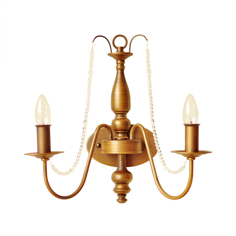 Bell/Candle Brass Finish Wall Light Fixture Vintage Style Metal 2 Bulbs Sconce Light with Crystal Bead Clearhalo 'Modern wall lights' 'Modern' 'Wall Lamps & Sconces' 'Wall Lights' Lighting' 153961