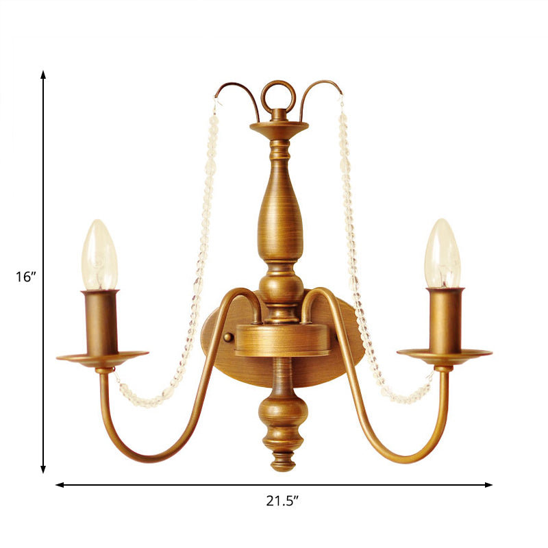 Bell/Candle Brass Finish Wall Light Fixture Vintage Style Metal 2 Bulbs Sconce Light with Crystal Bead Clearhalo 'Modern wall lights' 'Modern' 'Wall Lamps & Sconces' 'Wall Lights' Lighting' 153962