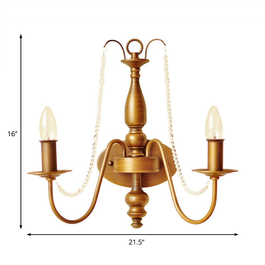 Bell/Candle Brass Finish Wall Light Fixture Vintage Style Metal 2 Bulbs Sconce Light with Crystal Bead Clearhalo 'Modern wall lights' 'Modern' 'Wall Lamps & Sconces' 'Wall Lights' Lighting' 153962