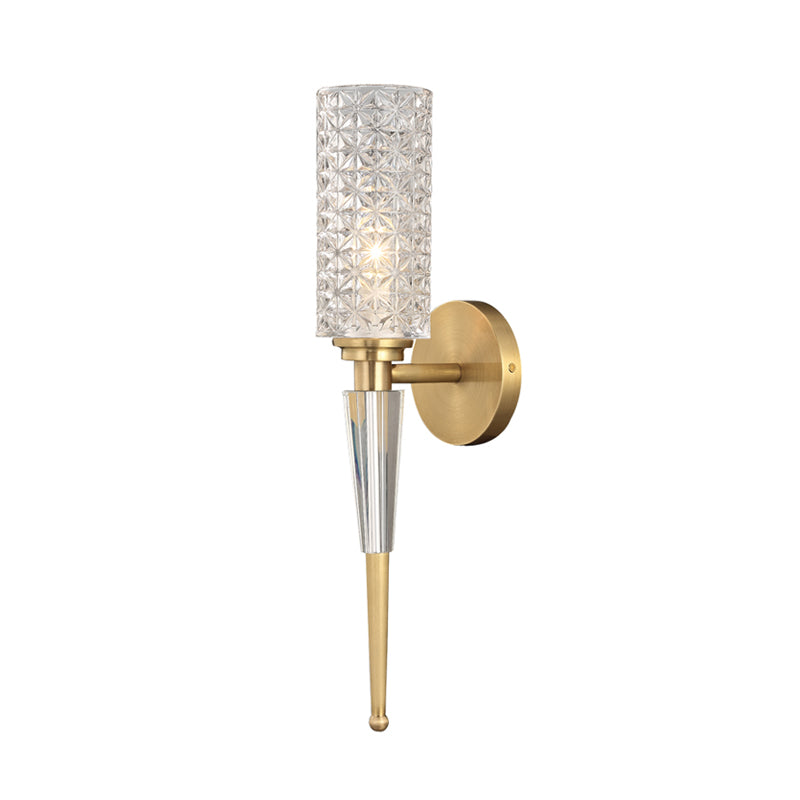 Clear Crystal Wall Lamp Fixture Contemporary 1 Light Sconce Light with Cylinder/Tapered Shade in Gold Clearhalo 'Modern wall lights' 'Modern' 'Wall Lamps & Sconces' 'Wall Lights' Lighting' 154084