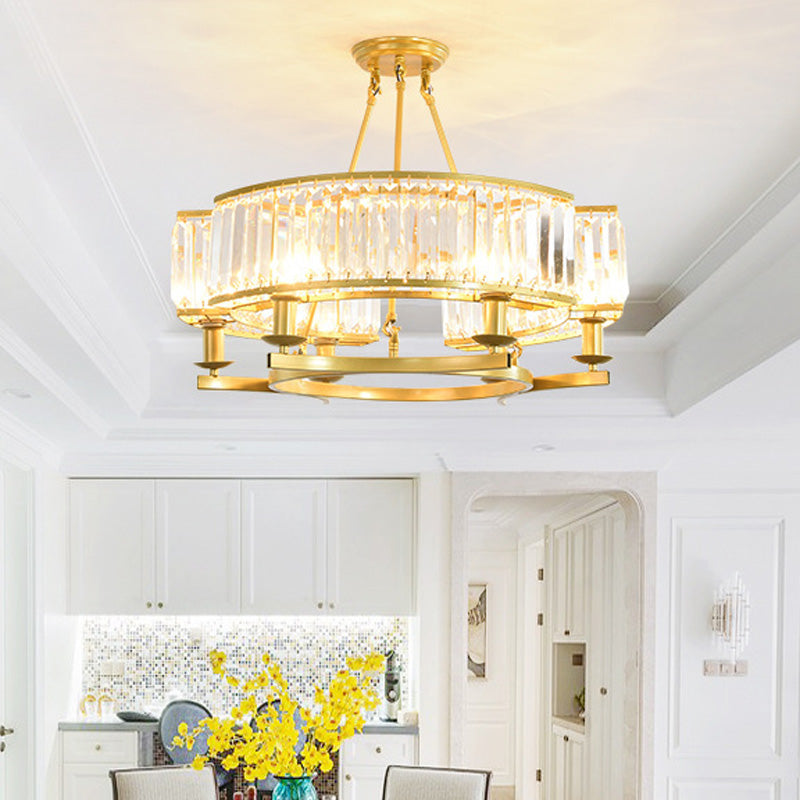 Drum-Shaped Crystal Chandelier Contemporary 6/8/10 Lights Black/Gold Hanging Pendant Lamp 6 Gold Clearhalo 'Ceiling Lights' 'Chandeliers' 'Modern Chandeliers' 'Modern' Lighting' 154094