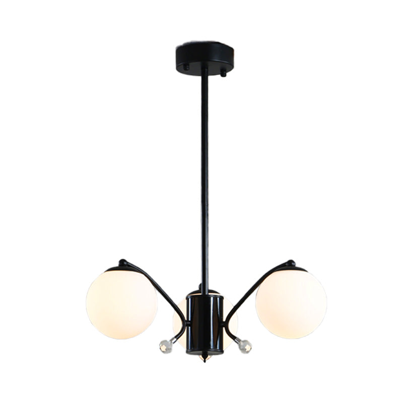 White Glass Ball Chandelier Modern 3/5/9 Lights Hanging Ceiling Fixture in Black with Curved Arm Clearhalo 'Ceiling Lights' 'Chandeliers' 'Glass shade' 'Glass' 'Modern Chandeliers' 'Modern' Lighting' 154169