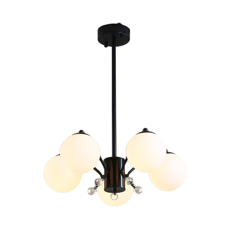 White Glass Ball Chandelier Modern 3/5/9 Lights Hanging Ceiling Fixture in Black with Curved Arm Clearhalo 'Ceiling Lights' 'Chandeliers' 'Glass shade' 'Glass' 'Modern Chandeliers' 'Modern' Lighting' 154173