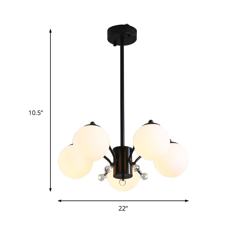 White Glass Ball Chandelier Modern 3/5/9 Lights Hanging Ceiling Fixture in Black with Curved Arm Clearhalo 'Ceiling Lights' 'Chandeliers' 'Glass shade' 'Glass' 'Modern Chandeliers' 'Modern' Lighting' 154174