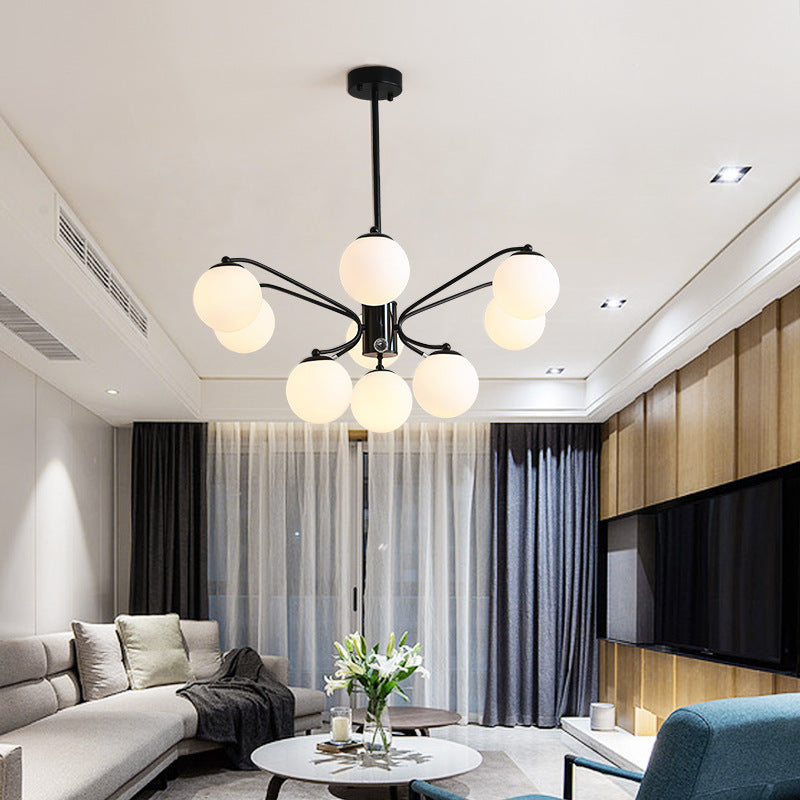 White Glass Ball Chandelier Modern 3/5/9 Lights Hanging Ceiling Fixture in Black with Curved Arm 9 Black Clearhalo 'Ceiling Lights' 'Chandeliers' 'Glass shade' 'Glass' 'Modern Chandeliers' 'Modern' Lighting' 154175