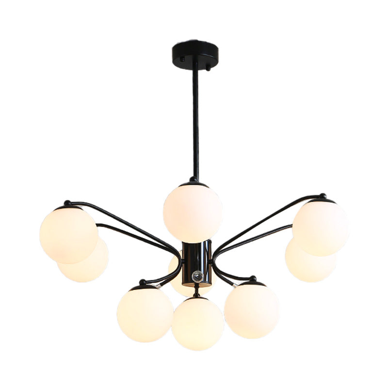 White Glass Ball Chandelier Modern 3/5/9 Lights Hanging Ceiling Fixture in Black with Curved Arm Clearhalo 'Ceiling Lights' 'Chandeliers' 'Glass shade' 'Glass' 'Modern Chandeliers' 'Modern' Lighting' 154177