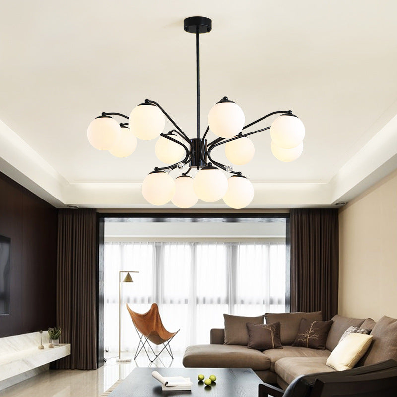 White Glass Ball Chandelier Modern 3/5/9 Lights Hanging Ceiling Fixture in Black with Curved Arm 12 Black Clearhalo 'Ceiling Lights' 'Chandeliers' 'Glass shade' 'Glass' 'Modern Chandeliers' 'Modern' Lighting' 154179