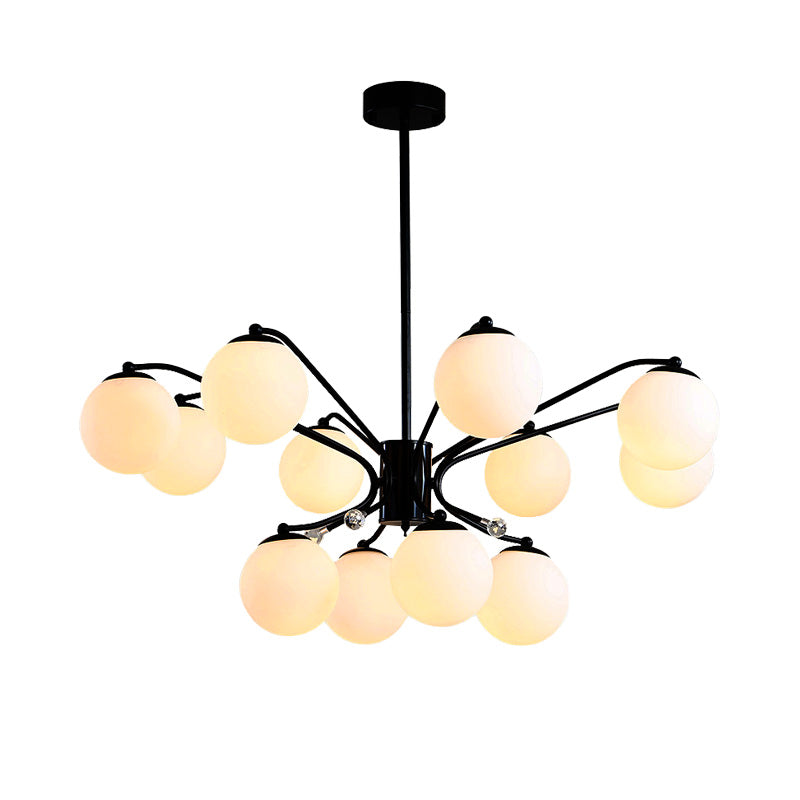 White Glass Ball Chandelier Modern 3/5/9 Lights Hanging Ceiling Fixture in Black with Curved Arm Clearhalo 'Ceiling Lights' 'Chandeliers' 'Glass shade' 'Glass' 'Modern Chandeliers' 'Modern' Lighting' 154181