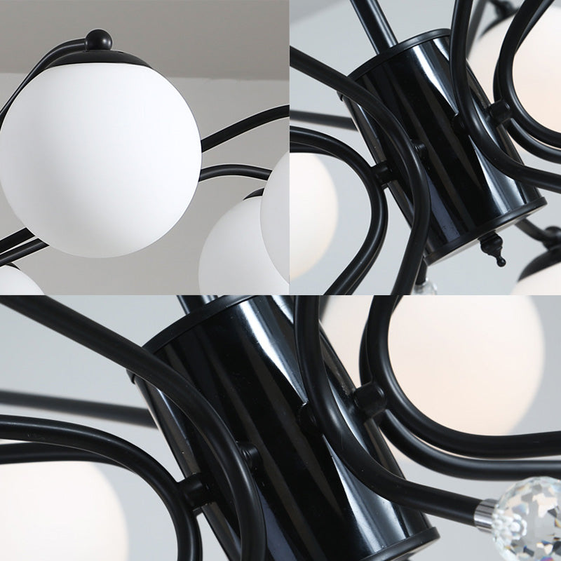 White Glass Ball Chandelier Modern 3/5/9 Lights Hanging Ceiling Fixture in Black with Curved Arm Clearhalo 'Ceiling Lights' 'Chandeliers' 'Glass shade' 'Glass' 'Modern Chandeliers' 'Modern' Lighting' 154183