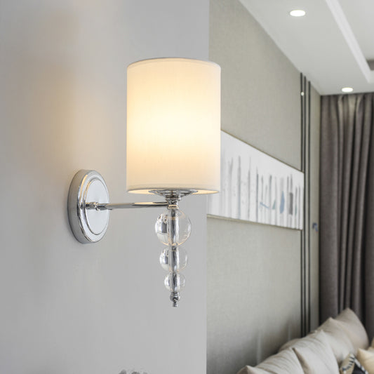 1 Head Cylinder Shade Wall Mount Light Modern Fabric and Metal Wall Lamp with Clear Crystal Ball Deco in Chrome Clearhalo 'Modern wall lights' 'Modern' 'Wall Lamps & Sconces' 'Wall Lights' Lighting' 154185
