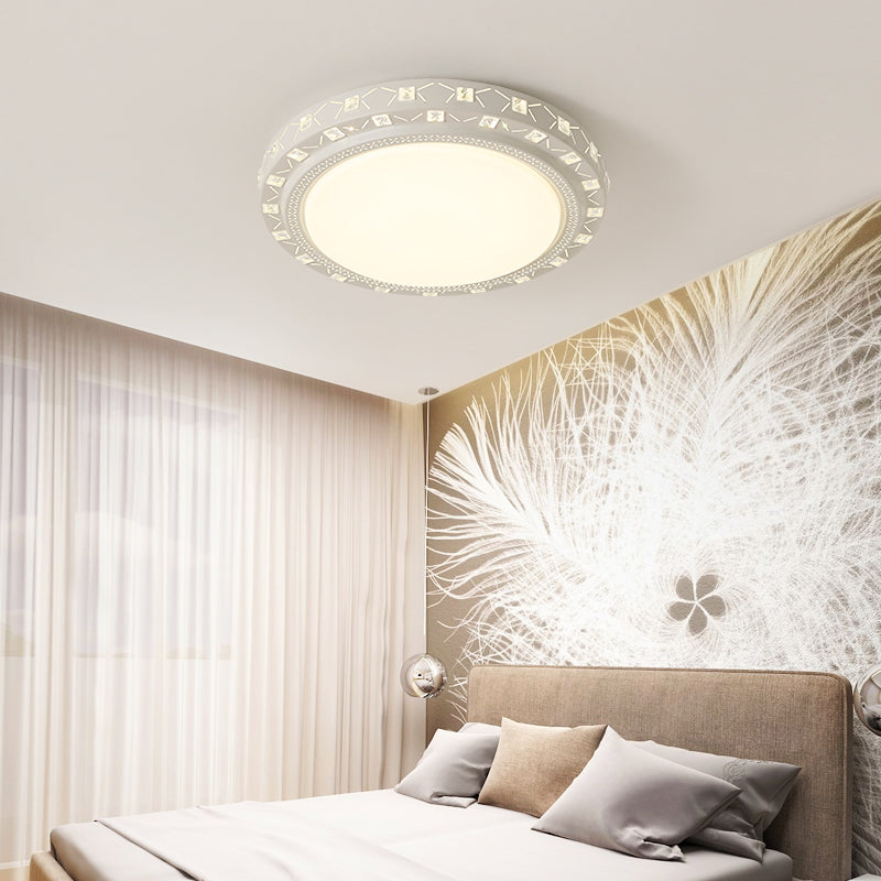 White Drum Ceiling Flush Mount with Crystal Accent Modern Bedroom LED Flush Mount Fixture, 16"/19.5" Wide White Clearhalo 'Ceiling Lights' 'Close To Ceiling Lights' 'Close to ceiling' 'Flush mount' Lighting' 154188