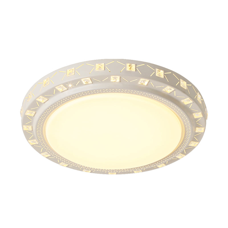 White Drum Ceiling Flush Mount with Crystal Accent Modern Bedroom LED Flush Mount Fixture, 16"/19.5" Wide Clearhalo 'Ceiling Lights' 'Close To Ceiling Lights' 'Close to ceiling' 'Flush mount' Lighting' 154191