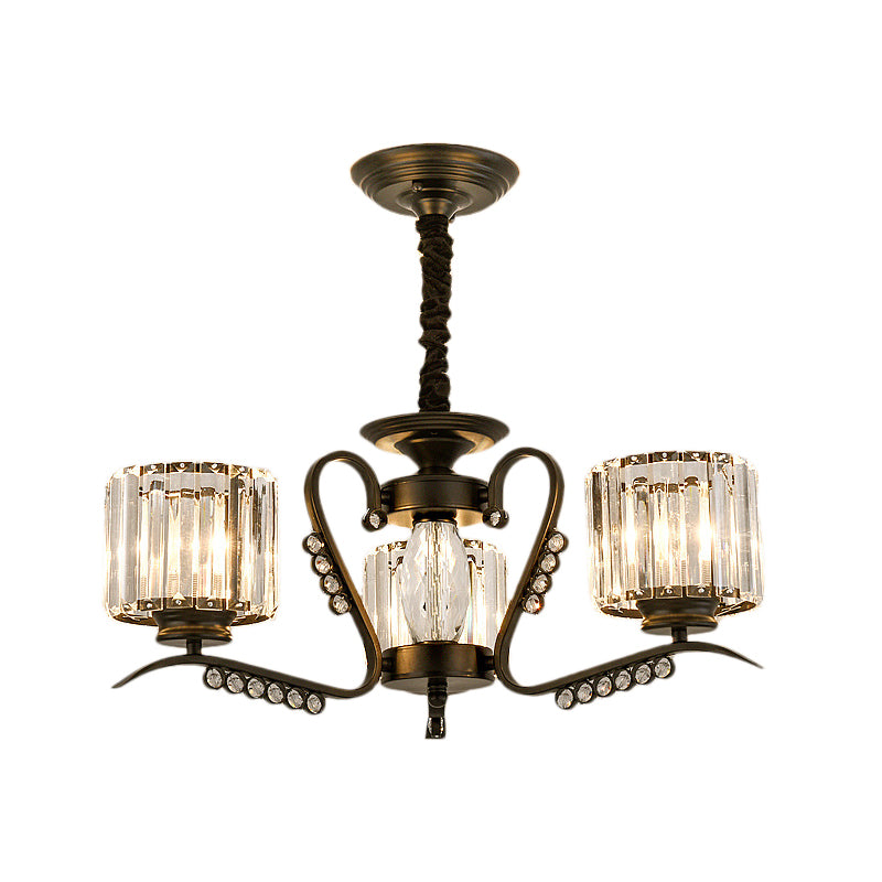 Clear Crystal Drum Chandelier Lamp Vintage Style 3/5 Heads Suspension Light in Black for Dining Room Clearhalo 'Ceiling Lights' 'Chandeliers' 'Modern Chandeliers' 'Modern' Lighting' 154202