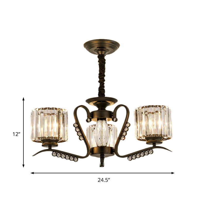 Clear Crystal Drum Chandelier Lamp Vintage Style 3/5 Heads Suspension Light in Black for Dining Room Clearhalo 'Ceiling Lights' 'Chandeliers' 'Modern Chandeliers' 'Modern' Lighting' 154203