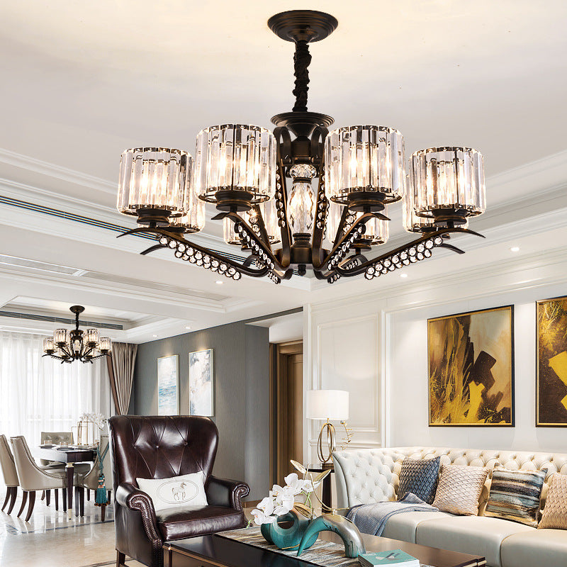 Clear Crystal Drum Chandelier Lamp Vintage Style 3/5 Heads Suspension Light in Black for Dining Room 8 Black Clearhalo 'Ceiling Lights' 'Chandeliers' 'Modern Chandeliers' 'Modern' Lighting' 154212