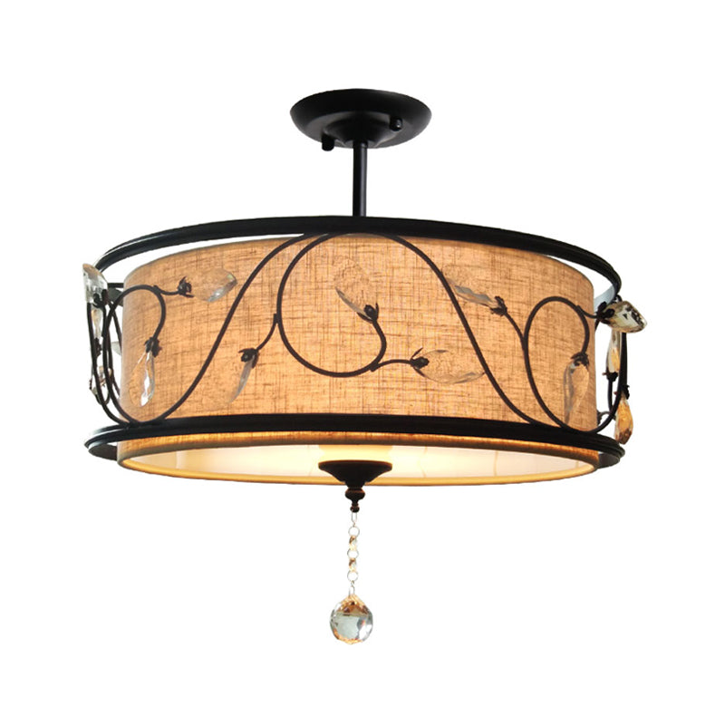 Vintage Drum Semi Flush Light Fabric and Metallic Ceiling Light Fixture in Black Finish for Living Room Clearhalo 'Ceiling Lights' 'Close To Ceiling Lights' 'Close to ceiling' 'Semi-flushmount' Lighting' 154250