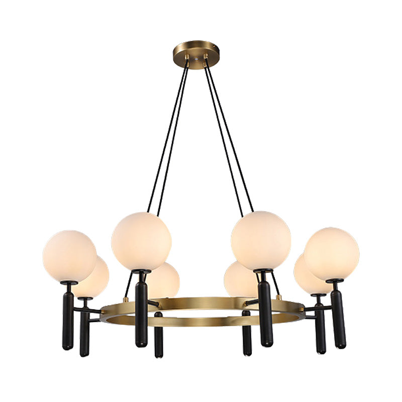 Sphere Chandelier Lighting with Circular Design Modern White Glass 8 Lights Black Hanging Fixture Clearhalo 'Ceiling Lights' 'Chandeliers' 'Glass shade' 'Glass' 'Modern Chandeliers' 'Modern' Lighting' 154255