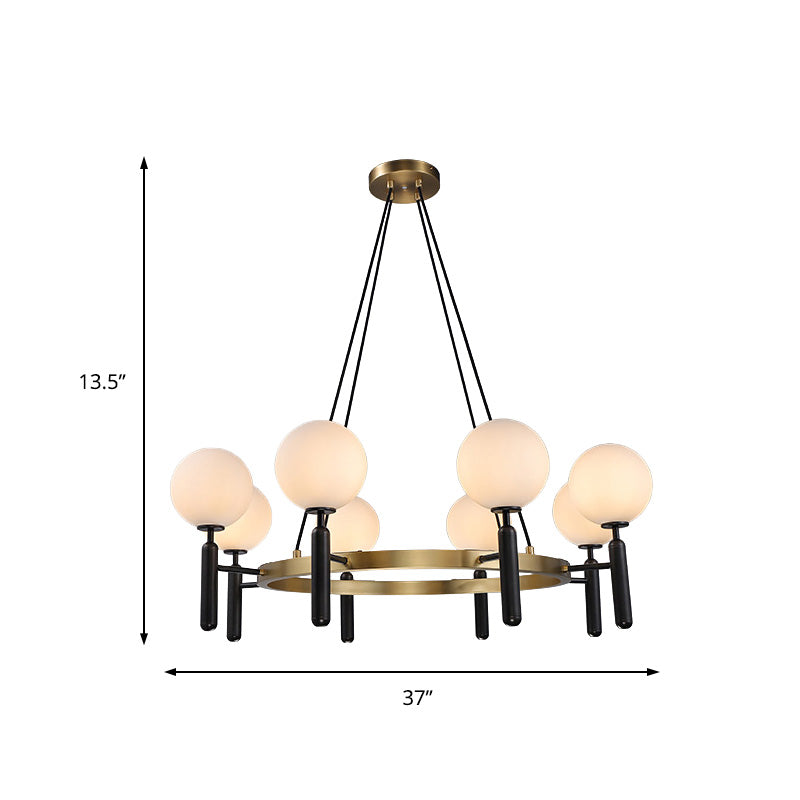 Sphere Chandelier Lighting with Circular Design Modern White Glass 8 Lights Black Hanging Fixture Clearhalo 'Ceiling Lights' 'Chandeliers' 'Glass shade' 'Glass' 'Modern Chandeliers' 'Modern' Lighting' 154256