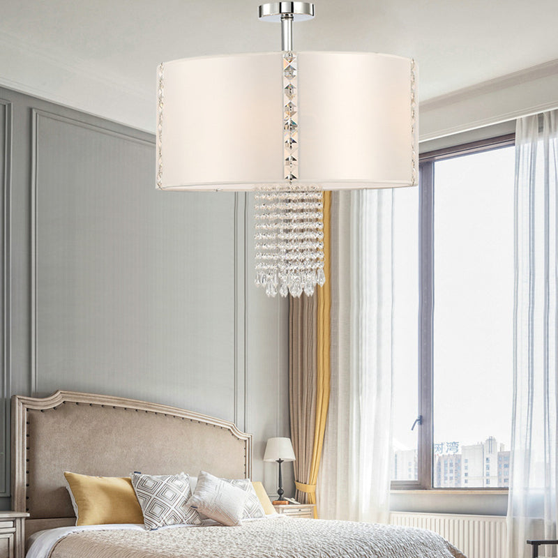 Modern Drum Semi Flush Ceiling Light Fabric 5 Lights Ceiling Lamp with Crystal Bead Accent in Chrome White Clearhalo 'Ceiling Lights' 'Close To Ceiling Lights' 'Close to ceiling' 'Semi-flushmount' Lighting' 154259