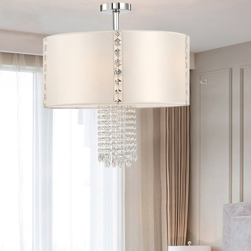 Modern Drum Semi Flush Ceiling Light Fabric 5 Lights Ceiling Lamp with Crystal Bead Accent in Chrome Clearhalo 'Ceiling Lights' 'Close To Ceiling Lights' 'Close to ceiling' 'Semi-flushmount' Lighting' 154260