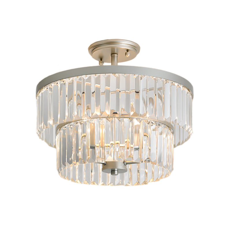 2 Tiers Round Semi Mount Light Vintage Style Clear Crystal and Metal Semi Flush Ceiling Lamp in Silver Clearhalo 'Ceiling Lights' 'Close To Ceiling Lights' 'Close to ceiling' 'Semi-flushmount' Lighting' 154271