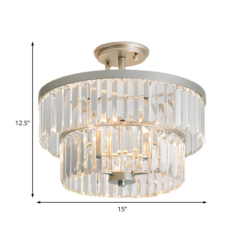 2 Tiers Round Semi Mount Light Vintage Style Clear Crystal and Metal Semi Flush Ceiling Lamp in Silver Clearhalo 'Ceiling Lights' 'Close To Ceiling Lights' 'Close to ceiling' 'Semi-flushmount' Lighting' 154272