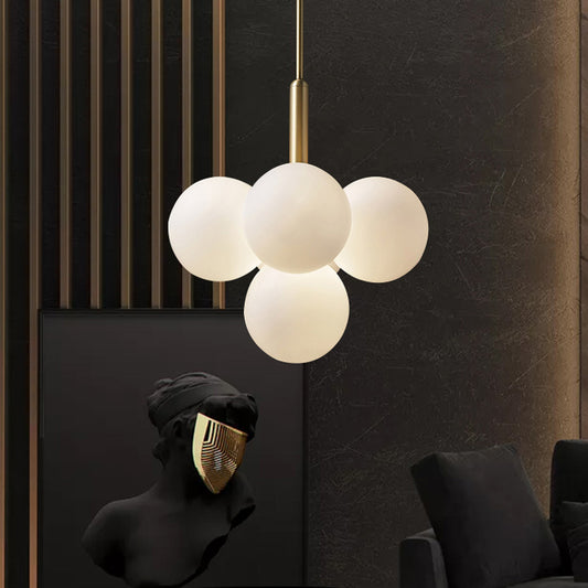 Ball White Glass Chandelier Lamp Contemporary 5/13 Lights Brass Hanging Pendant Light with Spherical Design Clearhalo 'Ceiling Lights' 'Chandeliers' 'Glass shade' 'Glass' 'Modern Chandeliers' 'Modern' Lighting' 154274