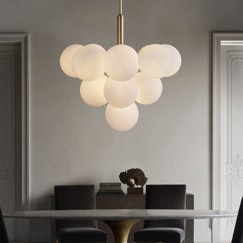 Ball White Glass Chandelier Lamp Contemporary 5/13 Lights Brass Hanging Pendant Light with Spherical Design 13 White Clearhalo 'Ceiling Lights' 'Chandeliers' 'Glass shade' 'Glass' 'Modern Chandeliers' 'Modern' Lighting' 154277