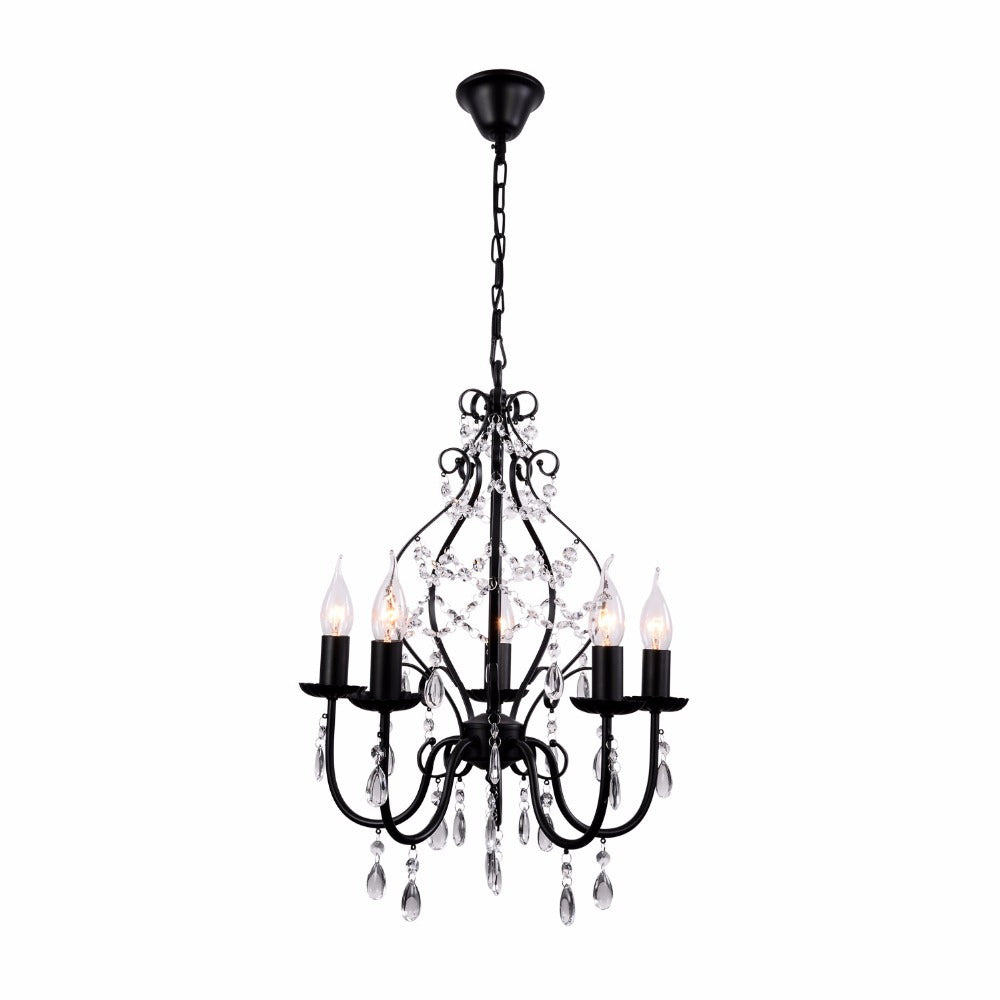 Industrial Style Crystal Chandelier Light Fixture 5 Bulbs Pendant Lamp with Flameless Candle in Black Clearhalo 'Ceiling Lights' 'Chandeliers' 'Modern Chandeliers' 'Modern' Lighting' 154306