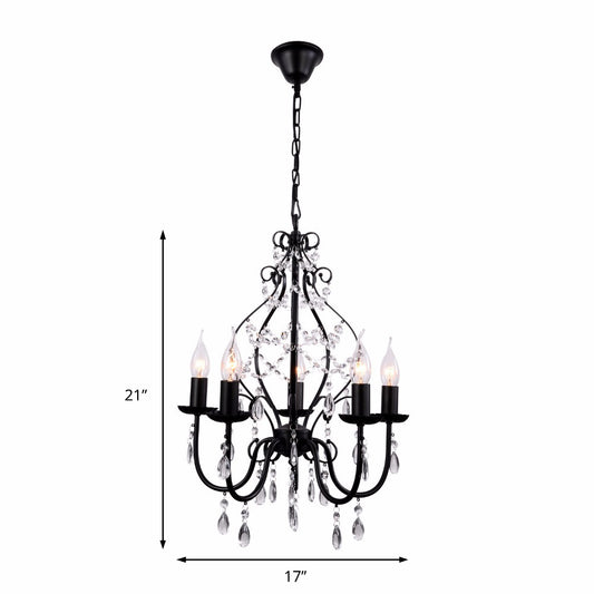 Industrial Style Crystal Chandelier Light Fixture 5 Bulbs Pendant Lamp with Flameless Candle in Black Clearhalo 'Ceiling Lights' 'Chandeliers' 'Modern Chandeliers' 'Modern' Lighting' 154307