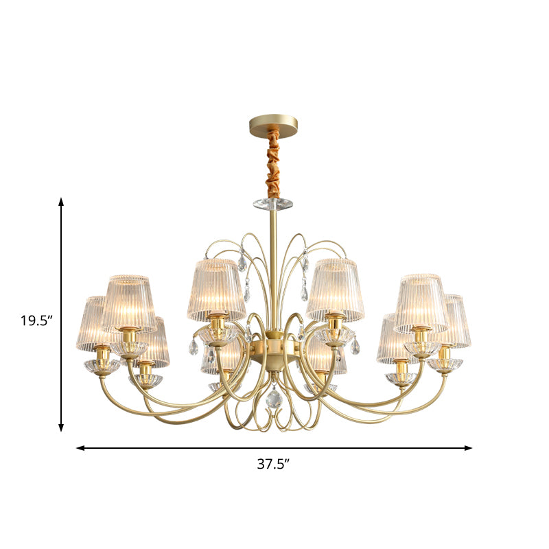 6/8/10 Lights Cone Chandelier Lamp Modern Clear Ribbed Glass Hanging Ceiling Light in Gold for Living Room Clearhalo 'Ceiling Lights' 'Chandeliers' 'Modern Chandeliers' 'Modern' Lighting' 154311