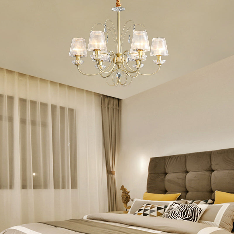 6/8/10 Lights Cone Chandelier Lamp Modern Clear Ribbed Glass Hanging Ceiling Light in Gold for Living Room Clearhalo 'Ceiling Lights' 'Chandeliers' 'Modern Chandeliers' 'Modern' Lighting' 154317